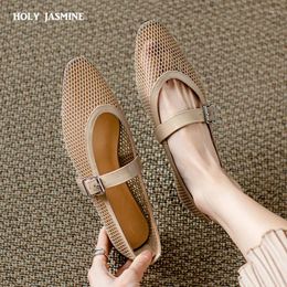 Dress Shoes Size 33-40 2024 Casual Fashion Women Flat Heels Summer Office Cut Outs Mesh Buckle Lady Genuine Leather Mary Janes Woman