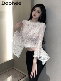 Women's Blouses Hollow Round Neck Lace Shirt Women 2024 Spring Summer Skinny Short Midriff-Baring Top See-through Flare Sleeve Small