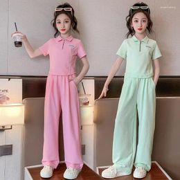 Clothing Sets Summer Spring Teenager Clothes Children Set Girls Crop Top Solid Zipper Polo Short T-shirt Straight Pant Suit Tracksuit