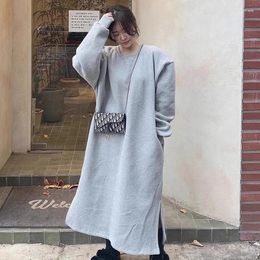 Casual Dresses SuperAen 2024 Korean Chic Autumn/winter Round Neck Side Slit Loose Long Sleeved Hoodie Dress