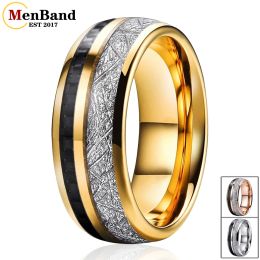 Rings Mens Womens Wedding Band Tungsten Carbide Ring 8MM With Black Carbon Fibre And White Meteorite Inlay Dome Polished Comfort Fit