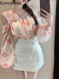 Women's Blouses Kimotimo French Fairy Print Lace Up Halter Chiffon Tops Off Shoulder 3D Flower Loose Long Sleeve Shirts Summer Fashion