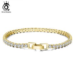 Strands ORSA JEWELS 14K Gold Plated Tennis Bracelet 3MM Zirconia Authentic 925 Silver Hand Chain Jewellery for Men Women Boy Gift SB9214K