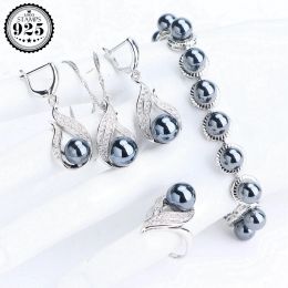 Strands Black Pearl Jewelry Sets 925 Silver Bridal White CZ Stone Bracelet Ring Earrings For Women Wedding Jewelry Pendants Necklace Set