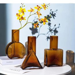 Vases Geometric Shape Relief Glass Vase Transparent Hydroponics Flower Pots Decorative Arrangement Desk Decoration Floral
