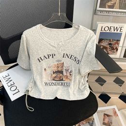 2024 Sweet and Spicy Style Shoulder T-shirt Womens Summer Wear New Slim Fit Short Waist Card Small Shirt Short Sleeve Top