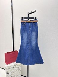 Skirts 2024 Spring Women French Style Blue Denim Slim Fishtail Skirt Elegant Lady All Match High Waist Midi Half Dress W/t Belt