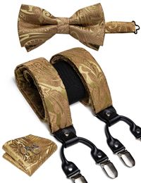 Elegant Gold Paisley Silk Suspenders Men Real Leather Metal 6 Clips Braces Elastic Suspenders Trouser Straps Mens Gift DiBanGu 240418