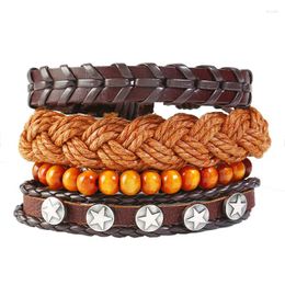 Charm Bracelets True Leather Set Star Rivet & Bangles Wood Beads Bracelet Hand Woven Wristband Men Braided