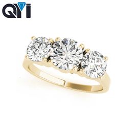 QYI 14k Yellow Gold Luxury 1 Carat Round Cut Diamond Wedding Rings For Women Three Stone Engagement Ring 240401