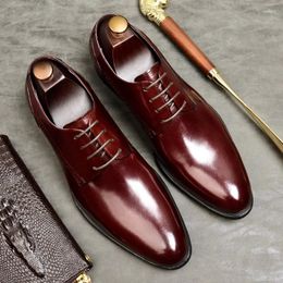 Casual Shoes Elegant Men Genuine Leather Oxford Wedding Business Mens Dress Flats 2024 Back Burgundy Vintage Pointed For