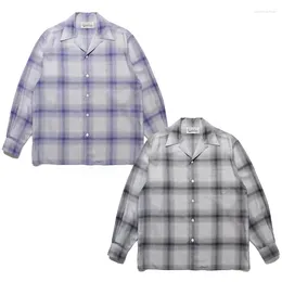 Men's Casual Shirts WACKO MARIA Shirt TEE Polyester Lattice Stripe Printing Oversize Hawaii Long Sleeve Button Thin Lapel Men Women