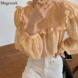Women's Blouses Vintage Pleated Ruffle For Women Stand Collar Print Loose Tops Long Sleeve Korean Slim Casual Chiffon Shirts 16465