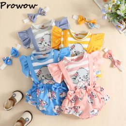 T-shirts Prowow 018M Elephant Baby Girl Clothes For Newborns Striped Ruffled Tshirts Suspender Bodysuit Summer Baby Girls Outfit Sets