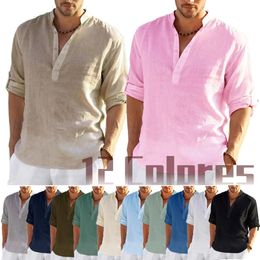 Mens Linen Long Sleeve TShirt Solid Color Loose Casual Shirt Cotton 240419