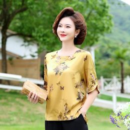 Women's Blouses Middle Aged Female Blusas Satin Shirt Summer Womens Clothing Silk Shirts Vintage Blouse Office Lady Printed Short Sleeve