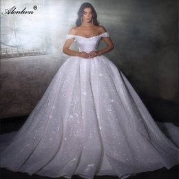 Luxury Sparkly Beading Sequined Pearls Lace Ball Gown Wedding Dress Off Shoulder short Sleeves Boat Neck princess Bridal Gowns 2024