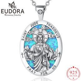 Necklaces Eudora 925 Sterling Silver Saint Jude Thaddeus Necklace Blue Opal Pendant for Men Women Religious Jewelry Personality Party Gift