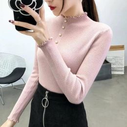 Women's Blouses Women Fall Winter Sweater Top Half High Collar Shirring Edge Slim Fit Knitted Long Sleeve Soft Elastic Pullover Lady Blouse