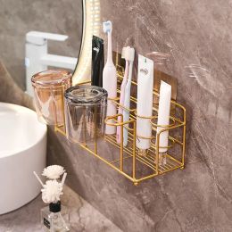 Heads Bathroom Organiser Wall Mounted Iron Storage Rack Shelf Toothbrush Holder Bathroom Accessories Electric Toothbrush Holder Gold