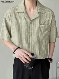 Shirts Men Shirt Folds Striped Lapel Short Sleeve Button Streetwear Korean Casual Shirts 2023 Summer Leisure Men Clothing S5XL INCERUN