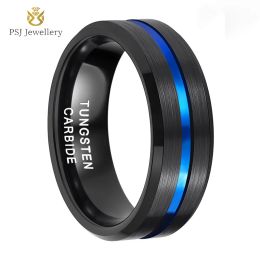Bands PSJ Fashion Stylish 8MM Bands Matte Brushed Black Plated Blue Lined Tungsten Rings for Men's Engagement Wedding Jewelry
