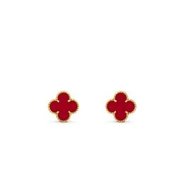 Designer brand fashion Gold Van Clover Earrings Plated with 18k Rose Red Agate White Fritillaria Double sided jewelry