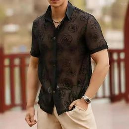 Men's Casual Shirts Men Club Shirt Mesh Rose Pattern Cardigan For Vacation Beach Top Sheer Short Sleeves With Turn-down Collar Summer