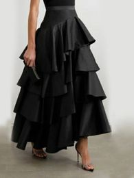 Womens High Waist Layered Ruffle Maxi Cake Skirt Elegant Party Wedding Guest Y2K Solid Vintage Black A Line Skirts 240420