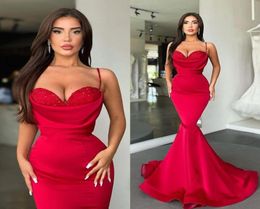 Sexy Red Evening Dresses Mermaid Spaghetti Straps Backless Long Satin Prom Gowns Beaded Sweetheart Party Occasion Bridesmaids Dres3767117