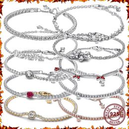 Strands New Hot 925 Silver Sparkling and Red Tennis Women's Love Sign Flower Bracelet For Original Charm Jewellery