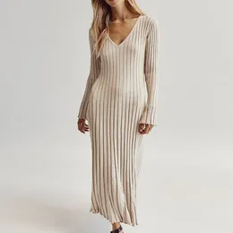 Casual Dresses Pleated Long Sleeve Knitting Vestido Winter Elegant Warm Slim Robe Autumn Pit Stripe Maxi Knitted Dress For Women Fashion