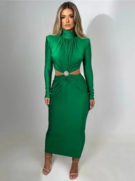 Mozision Elegant Hollow Out Sexy Maxi Dress For Women Autumn Winter Turtleneck Long Sleeve Bodycon Club Party Evening Dress 240420