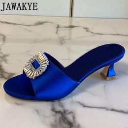 Slippers Designer Brand Satin Women Open Toe Kitten Heel Crystal Buckle Beach Walking Shoes Summer Ladies Formal Dress