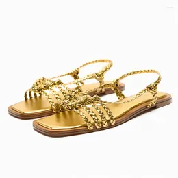 Casual Shoes 2024 Luxury Gold Knitted Women Light Flat Sandals Summer Bohemian Zapatos Mujer Cladiator Beach Chaussure Femme