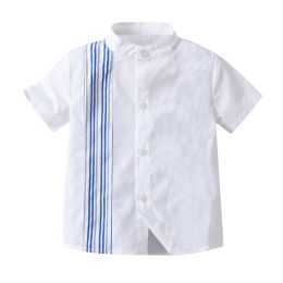 T-shirts Summer Boys Short Sleeve Shirts Stripe Turndown Collar Shirts For Boys White Shirt With School Kids Button Shirt