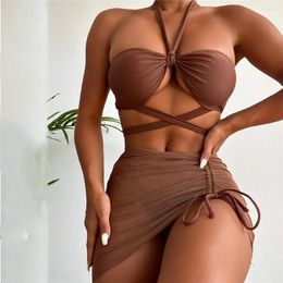 Women's Swimwear Bikini Sets Sexy Red Halter Three Piece Bandeau 2024 Women Push Up Swimsuit With Mesh Skirt Bandage Criss Cross Biquini