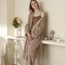 Women's Sleepwear Winter Flannel Long Robe Pajamas Three Piece Set Thickened Coral Fleece Pijamas Suit Loose Casual HomeWear Loungewear