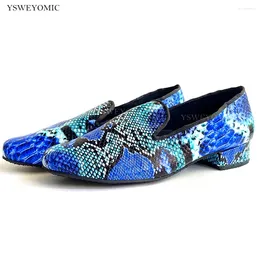 Dance Shoes 2024 Summer Men Boys Blue Snake Printing Leather Low Heel 2.5cm 4cm For Latin Bachata Salsa Dancing Perfomance
