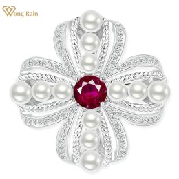 Jewellery Wong Rain Elegant 925 Sterling Sliver 6 MM Ruby Sapphire Pearl High Carbon Diamond Gemstone Women Brooch Brooches Fine Jewellery