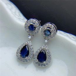 Earrings New 925 silver inlaid natural sapphire earrings, simple and elegant, gem size 3*3mm+4*6mm