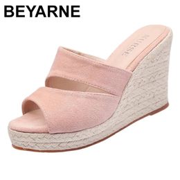 BEYARNE top sell Wedge sandal womens summer shoes natural jute woven platform high heel sexy slippers heighten casual shoes 240418