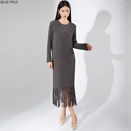 Casual Dresses MIYAKE PLEATS-Women's Elegant Knitted Dress High-End Loose Round Neck Long Sleeves Fringed Pleated Robe Design