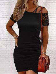 Party Dresses Lace One Sided Cold Shoulder Bodycon Dress 2024 Fashion Elegant Ladies Sexy Birthday Short Sleeve Club Vacation Clothes