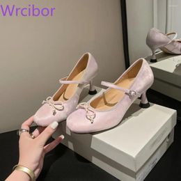 Dress Shoes Chinese Style Fabric Leather Round Head Shallow Bow With Mary Jane Skirt Single High Heels Women