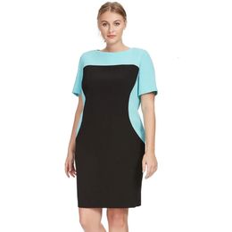 Plus Size Short Sleeve Spring Autumn Elegant Chic Dress Women Blue And Black Knee Length Sheath Business Casual Work 240417