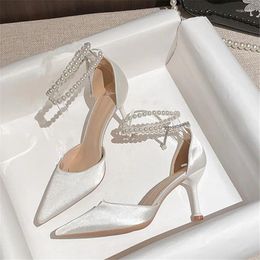 Dress Shoes 2024 Spring Women Wedding High Heels Pearls Silk White Ladies Sexy Pointed Toe Beading Pumps