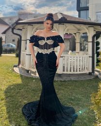 Elegant Black Velvet Evening Dresses Off the Shoulder With Crystal Pleat Special Occasion Dress Plus Size Velvet Vestidos De Noche