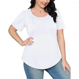 Women's Blouses Versatile Women Top Stylish Summer T-shirt Collection Casual O-neck Pleated Tee Solid Colour Loose Fit Pullover For A