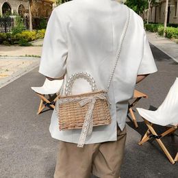 Totes Fashion Rattan Lace Pearl Shoulder Bag Basket Drawstring Woven Tote Bags Summer Women Girls Small Beach Handbag